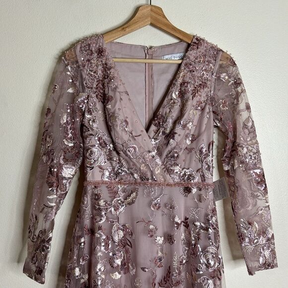 Mac Duggal EMBELLISHED V NECK ILLUSION LONG SLEEVE A LINE GOWN in rose size 4 - Picture 4 of 12